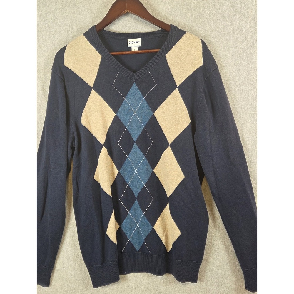 Old Navy Argyle Sweater Mens‎ L Blue V Neck Preppy Y2K Academia Old Money Retro